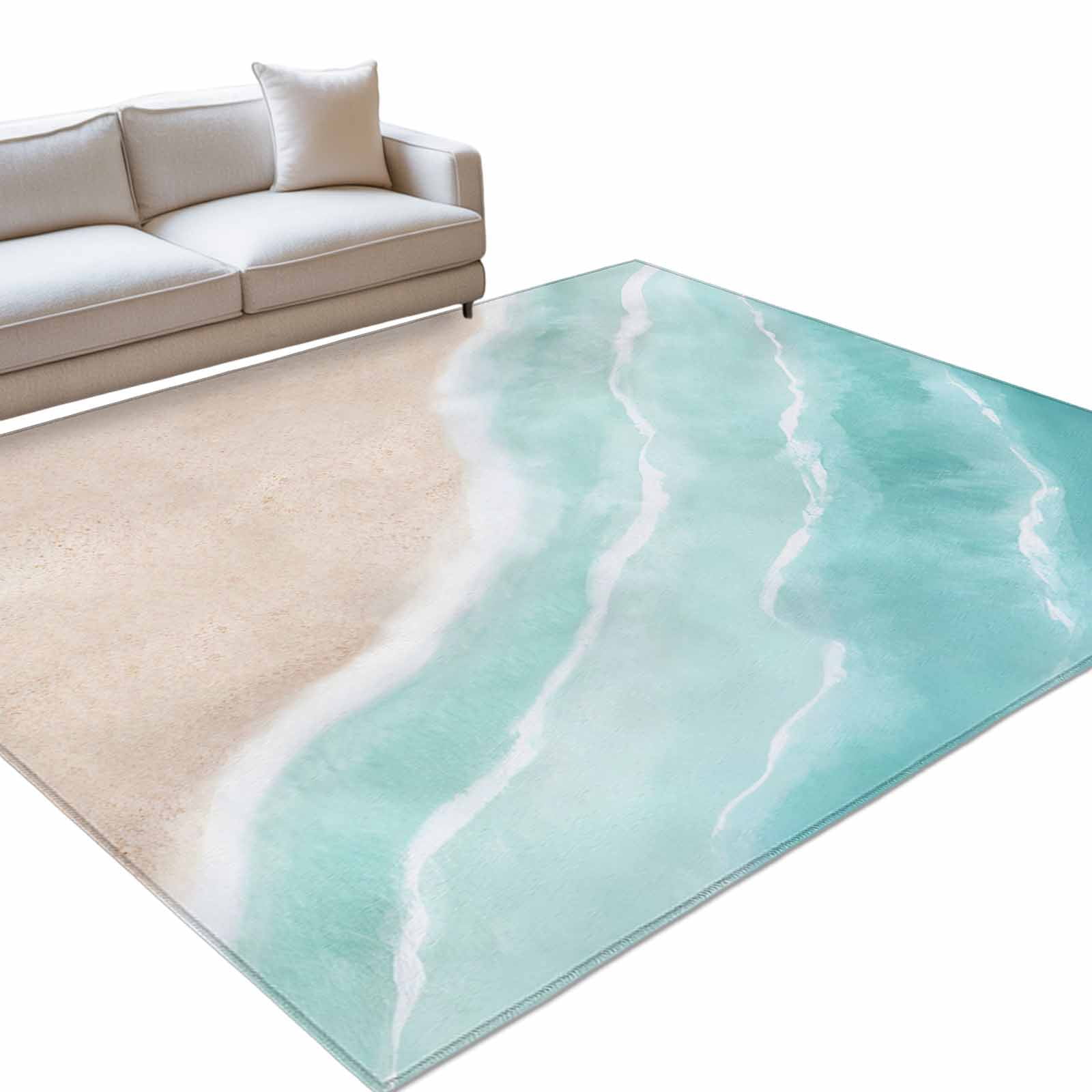 Area Rug 3x5ft Summer Ocean Wave Beach Washable Rugs for Living Room Bedroom Teal Gradient Sea Water Stripe Soft Non-slip Area Rugs Rectangle Floor Carpet for Dining Room