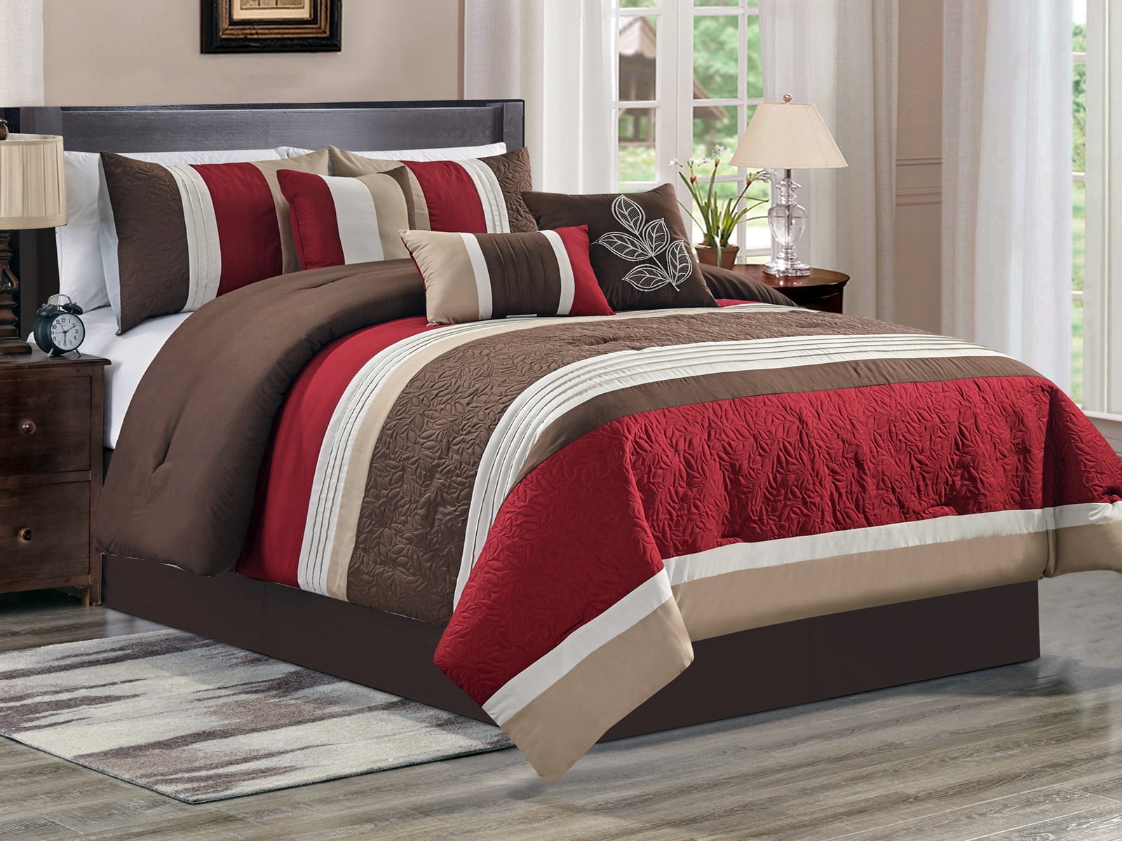 11 Pc Penny Floral Leaves Embossed Pleated Stripe Comforter