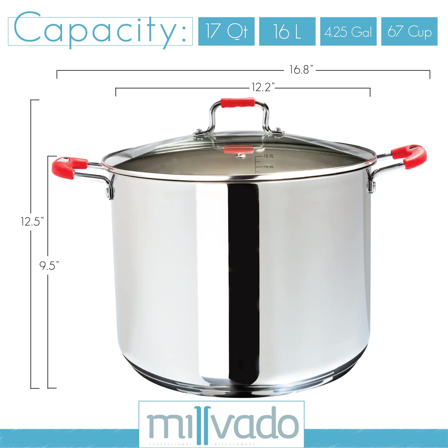 Millvado Stock Pot, Large Stainless Steel 17 Quart StockPot, Large Cooking  Pot, Clear Glass Lid and Measurement Markings, Steam Hole, Induction, Gas