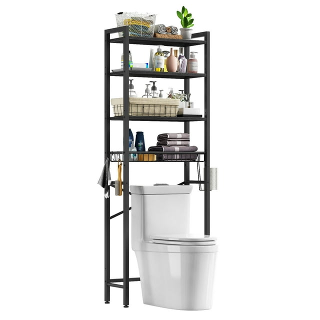Biemlerfn Over The Toilet Storage Shelf, 4-Tier Wooden Bathroom Organizer Adjustable Saver Space Rack with Toilet Paper Holder, Black