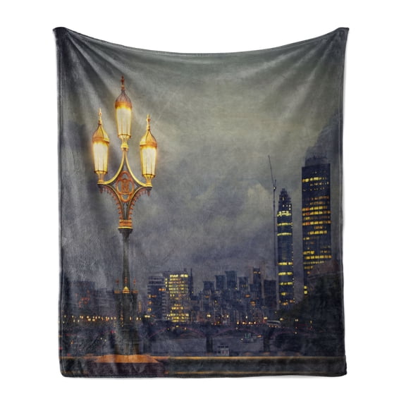 Night Soft Flannel Fleece Throw Blanket, Westminster Bridge London City UK Stormy Moody Weather European Urban Travel, Cozy Plush for Indoor and Outdoor Use, 50" x 60", Pale Grey Yellow, by Ambesonne