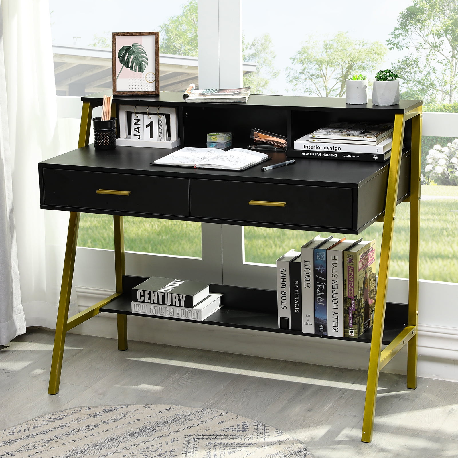 Luxury Computer Desk with Bookshelves Home Office Study Desk Laptop Write Table 