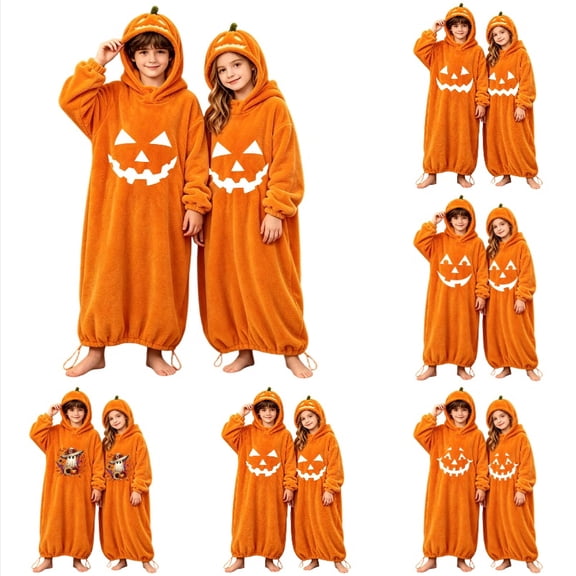 Krdevn Kids Pumpkin Face Onesie Pajamas, Thick Hooded Halloween Loungewear for Boys Girls Autumn Winter,12-15 Years