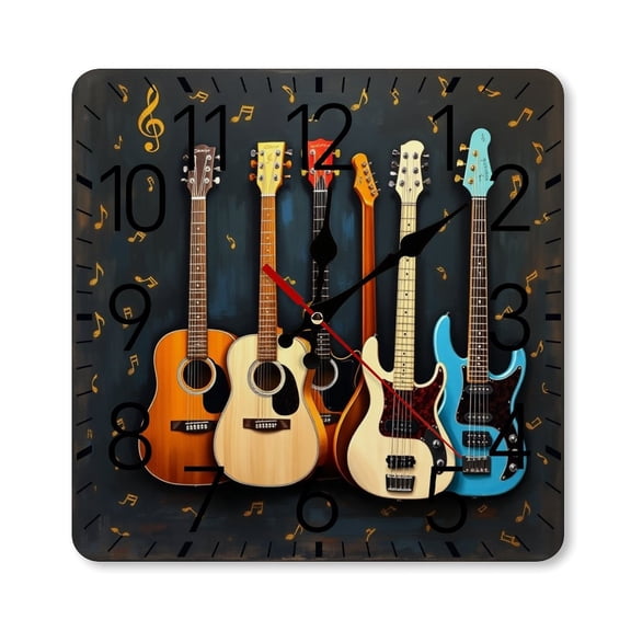 RKSupls 10×10inch Square Silent Wall Clock Wooden Frame, Acoustic Electric Guitar Wall Scale Decorative Clock for Home Bedroom Living Room Office