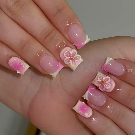 Short Square Press on Nails French Tips Fake Nails Full Covers False Nails with Flower Designs Artificial Acrylic Nails