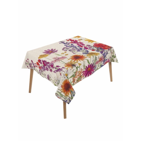 Spring Floral Table Cloth, Waterproof Tablecloth for Rectangle Tables, Watercolor Lavender Daisy Flowers Plants Beige Reusable Washable Fabric Table Cover for Restaurant Kitchen Dining 60"x102"