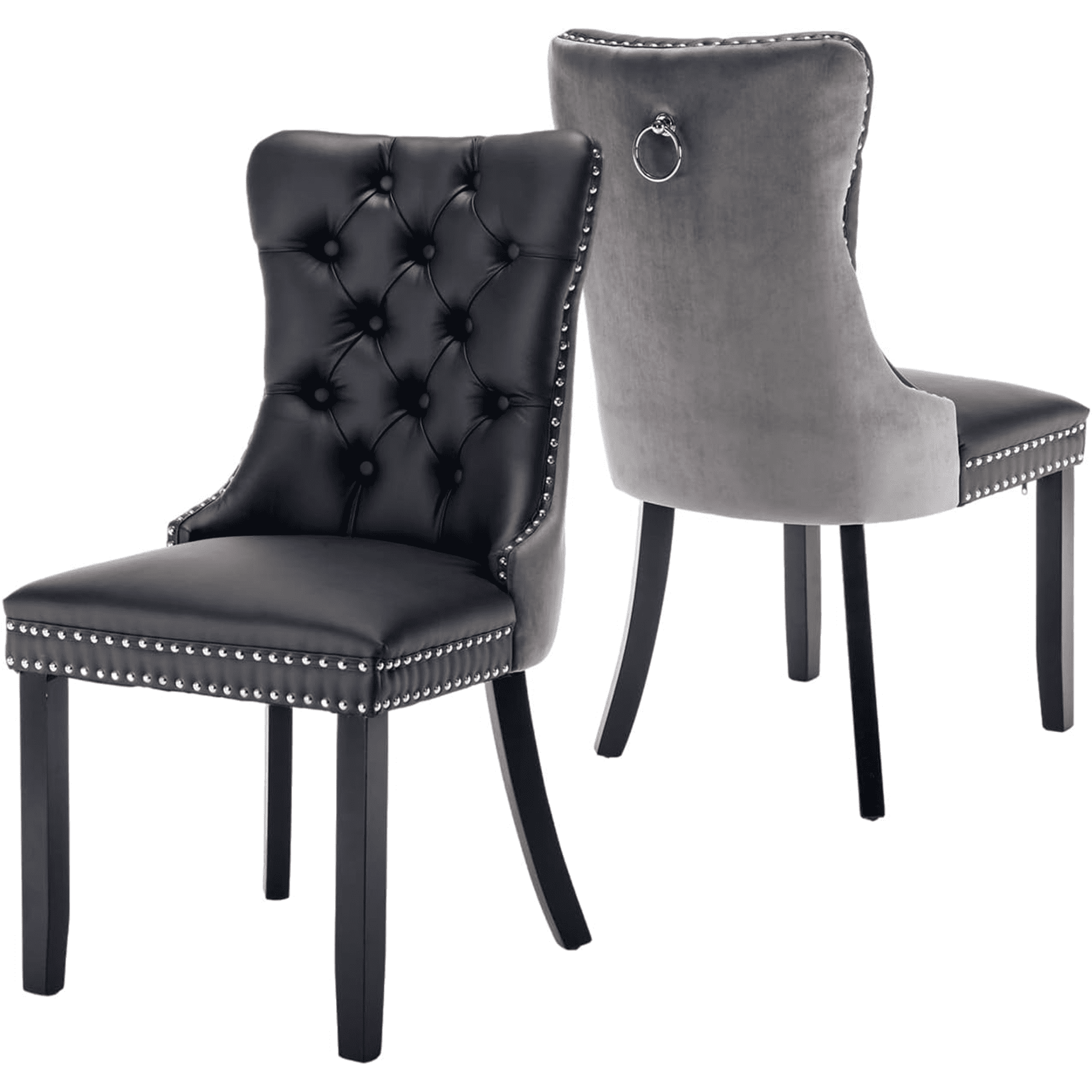 LegaHome Dining Room Chairs Set of 2, Modern Upholstered Velvet and PU Leather Dining Chair with Nailhead Trim and Solid Wood Legs, Tufted Button Padded Chairs Set for Kitchen Dining Room, Gray&Black