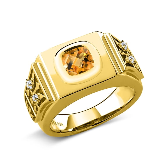 Gem Stone King 18K Yellow Gold Plated Silver Men's Ring Cushion Checkerboard Yellow Citrine and Moissanite (2.03 Cttw, Size 11)
