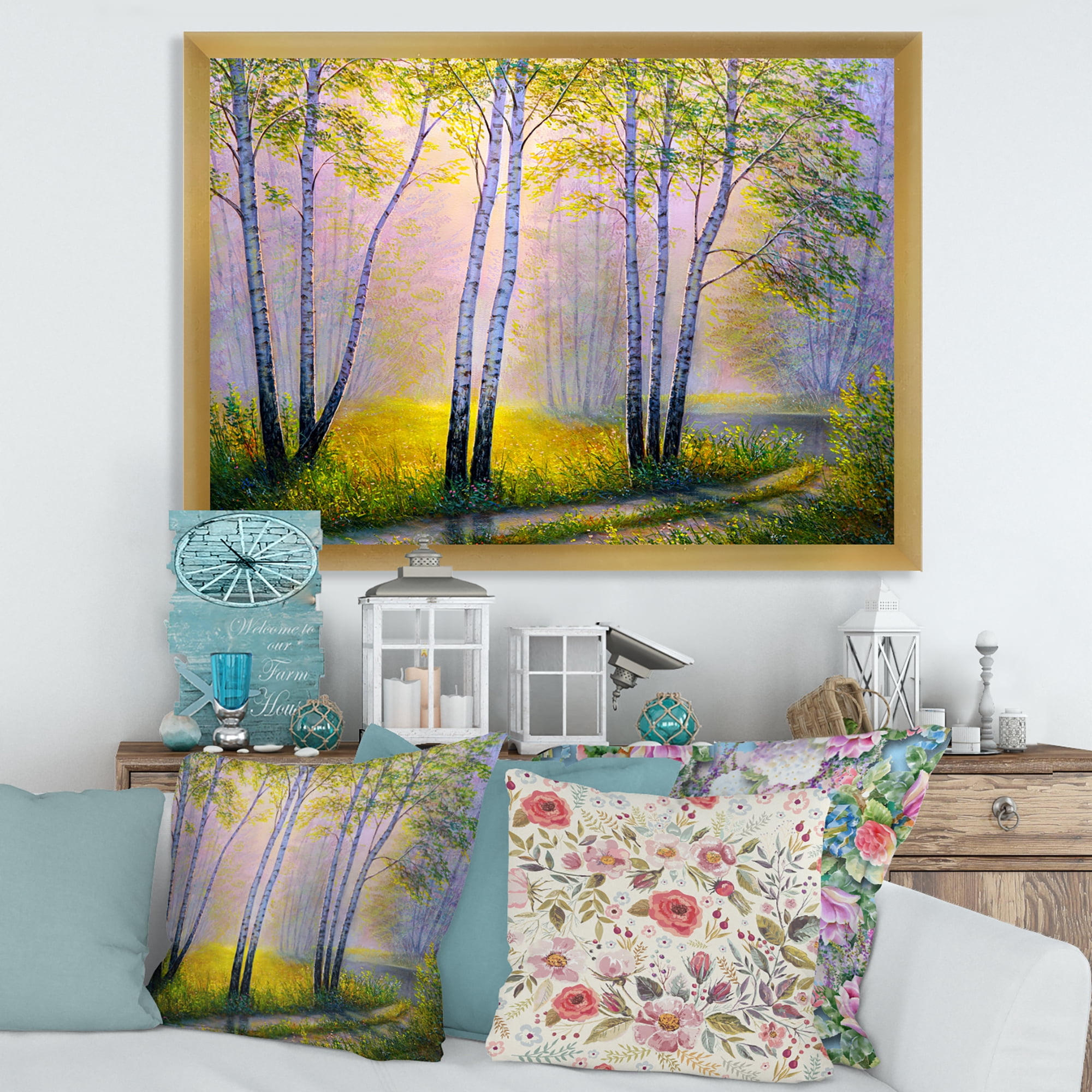 Designart 'Sunrise Glow Through The Birches I' Traditional Framed Art Print