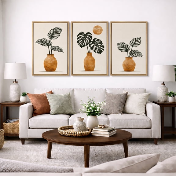 Framed Canvas Wall Art Set of 3 Neutral Abstract Botanical Prints for Boho Living Room Decoration - 16"x24"x3 NATURAL
