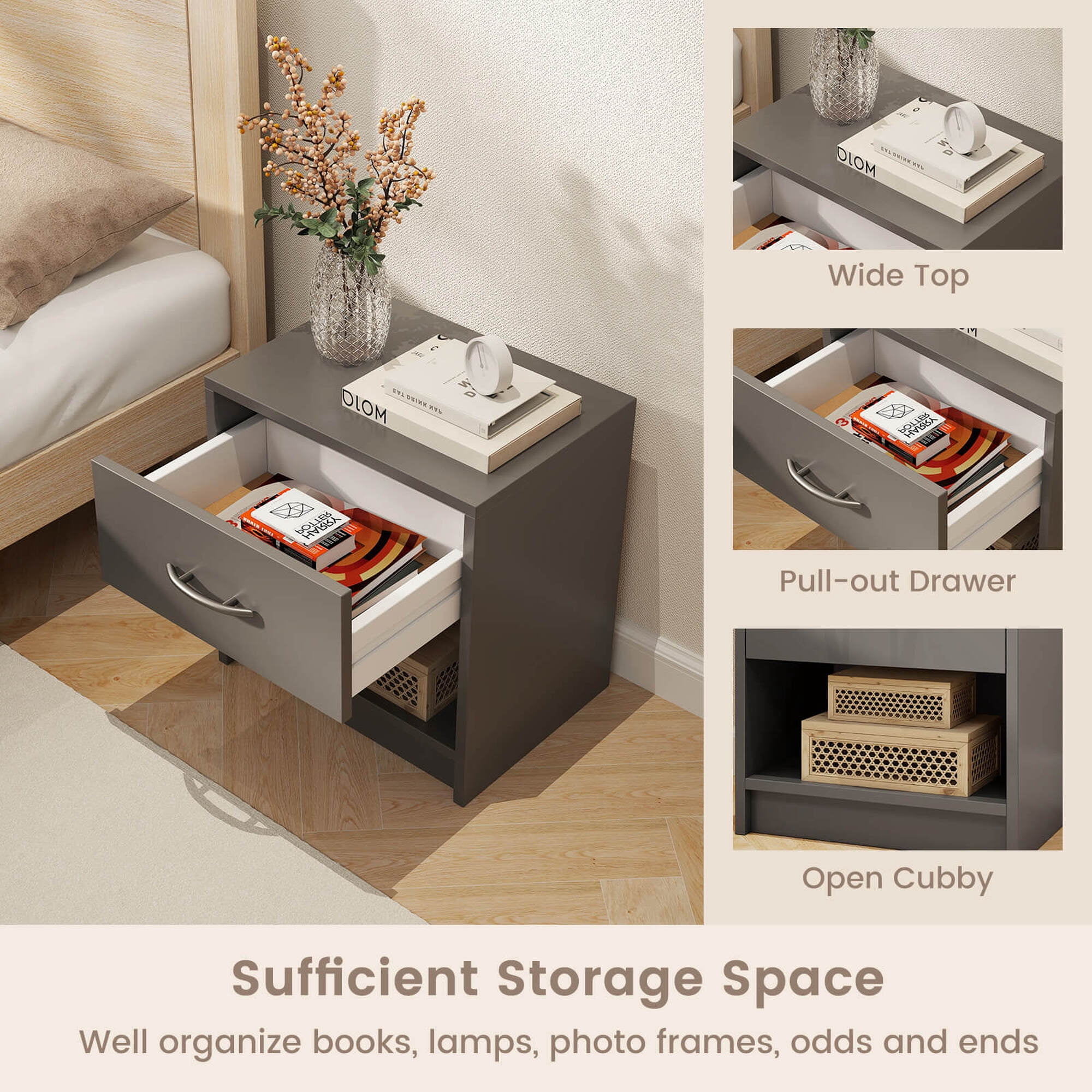Costway Modern Nightstand Bedside Table with Drawer Open Storage Shelf for Small Spaces Dark Gray