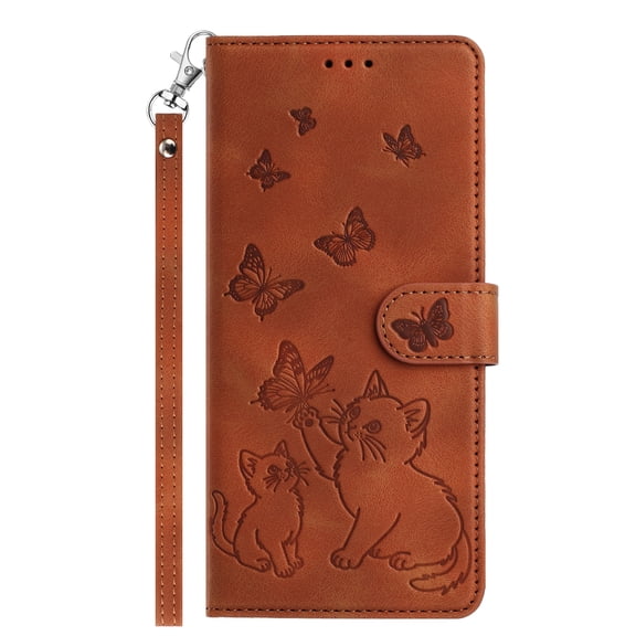 For iPhone 16 Pro Flip Phone Case,With Card Slots,Wrist Strap,Flip Folding Kickstand,Cat Playing Butterfly Emboss PU Leather Design,Shockproof Anti-fall Drop Protection Wallet Case,Brown
