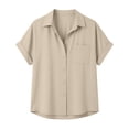 thumbnail image 6 of Women's Linen V-Neck Short Sleeve Button Down Shirt Blouse Top, Loose Relaxed Fit Breathable Lightweight Pullover for Spring Summer Casual Fashion | CSEONE,Khaki XL, 6 of 9