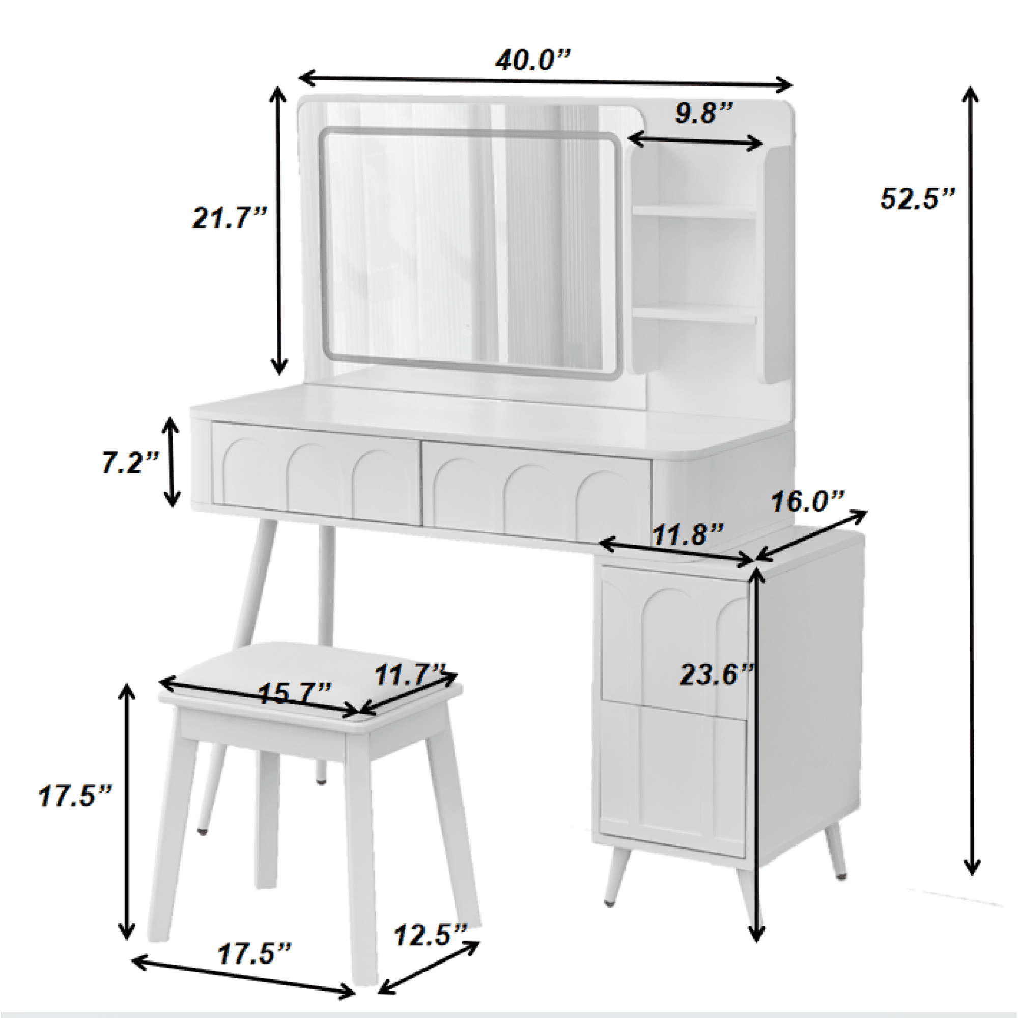 Modern Makeup Vanity Desk with LED Lights & Mirror,4 Drawer Dressing Table Set with 4 Drawer and Stool, 3 Colors Dimmable Brightness for Space-Saving,Bedroom,White