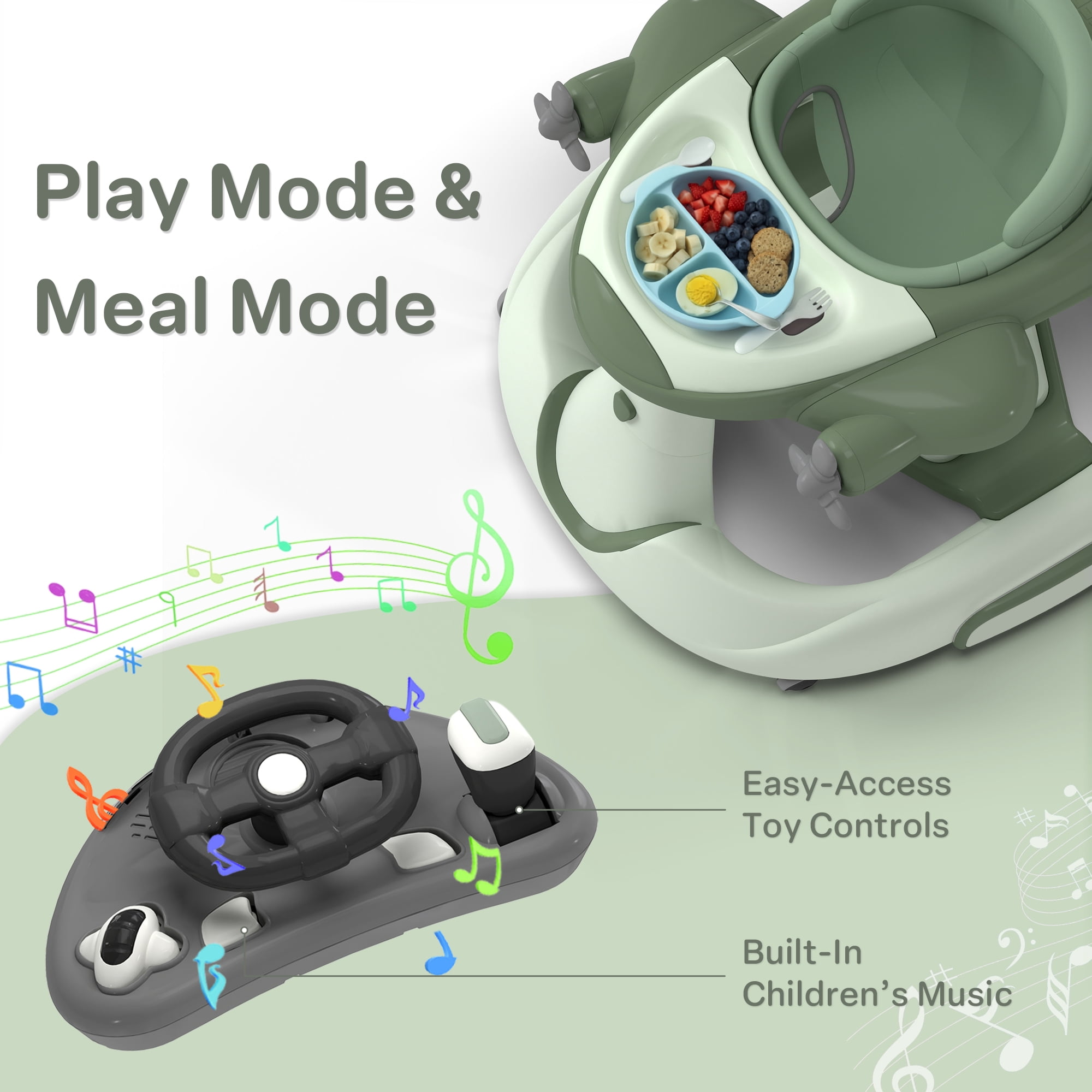 AILEEKISS 5-in-1 Musical Baby Walker with Wheels, Foldable Baby Walker for Boys Girls, Green