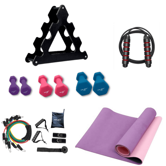 Home Gym Starter Kit - Neoprene Dumbbell Rack Set with 6mm Yoga Mat, 11 Pcs Resistance Bands Set, and Jump Rope