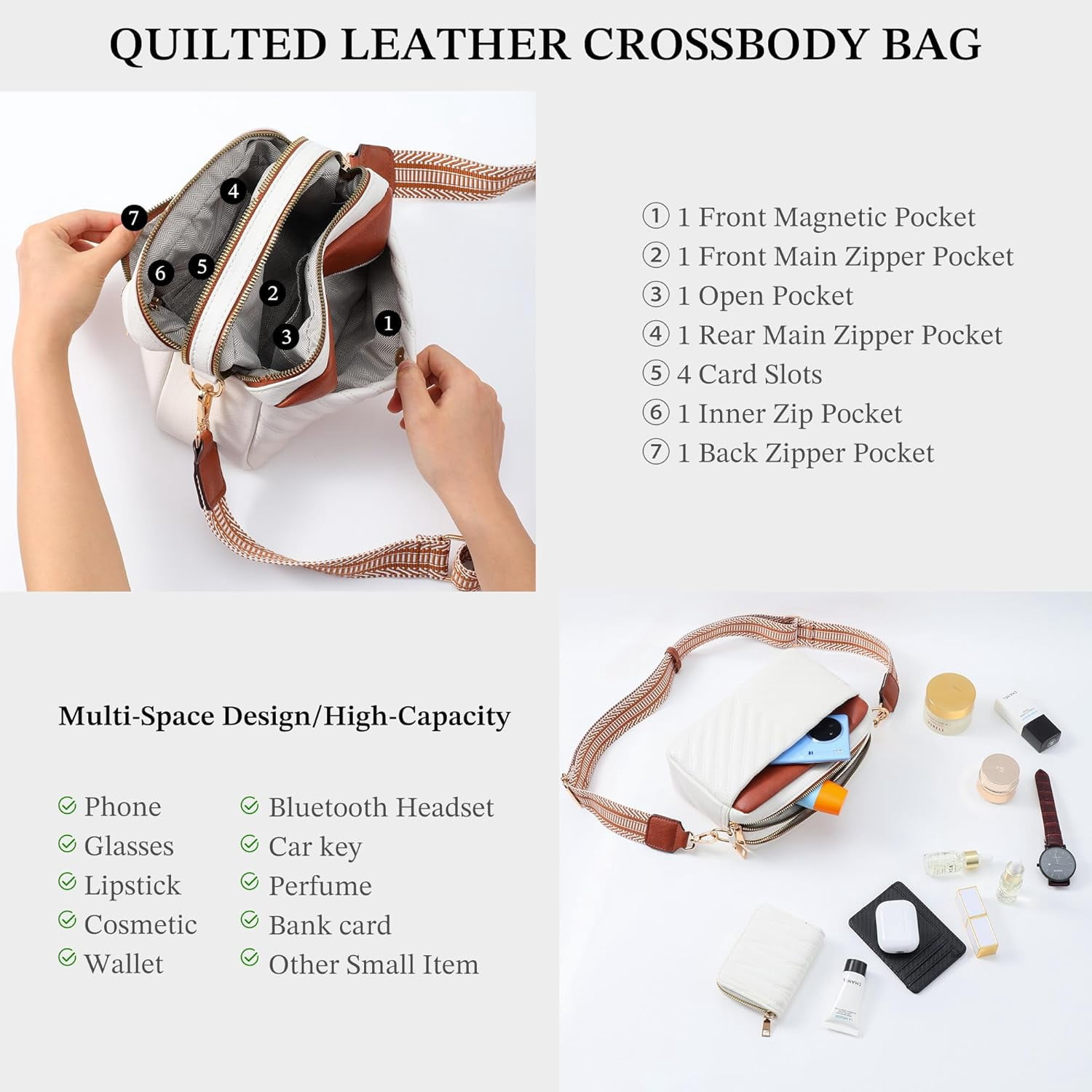 Crossbody Bags for Women - Leather Crossbody Purse with Wide Strap Quilted Small Crossbody Bags for Women