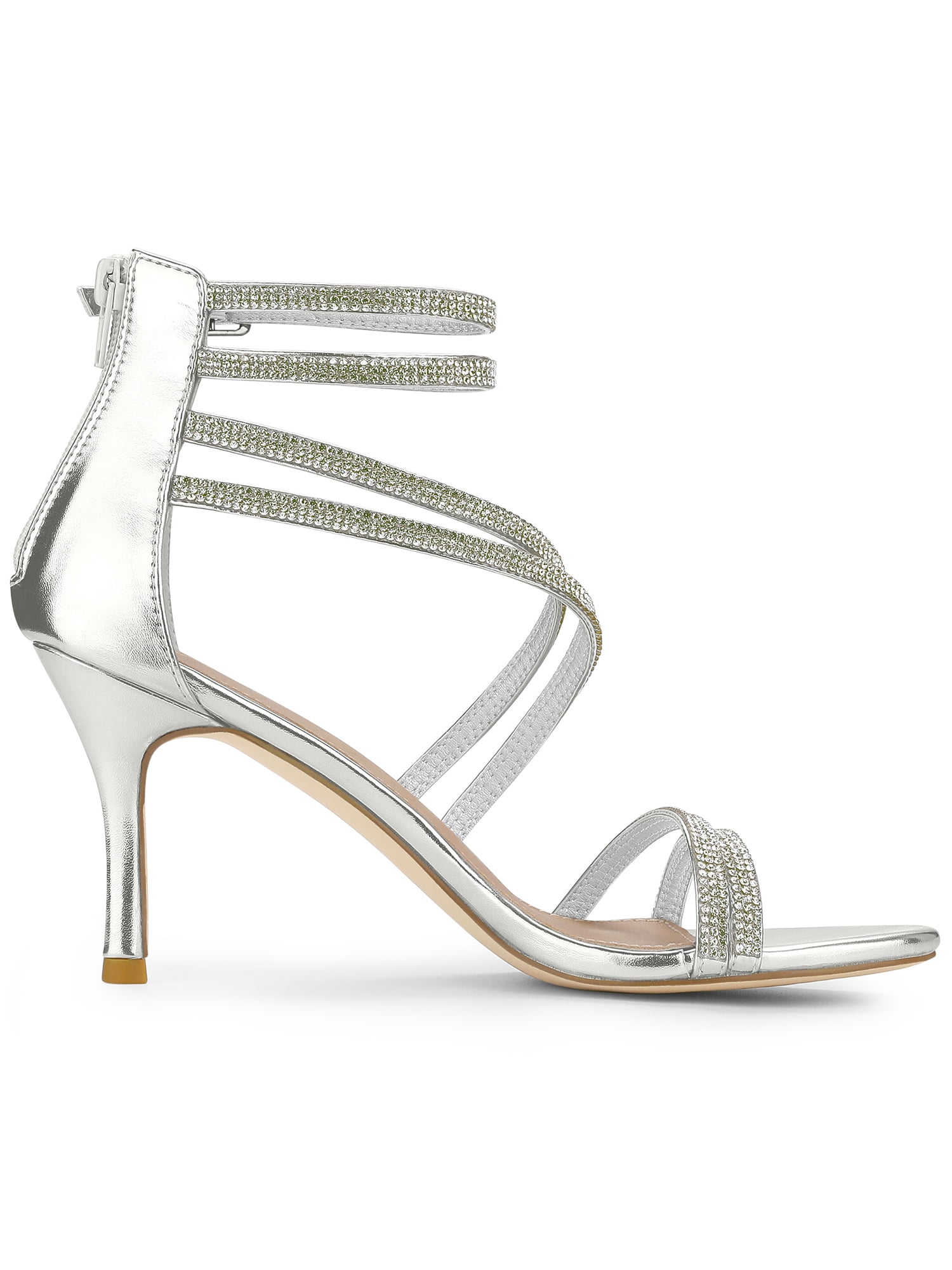 DARING DIVA Women's Ankle Strap Rhinestone Stiletto Heels Sandals Silver 7