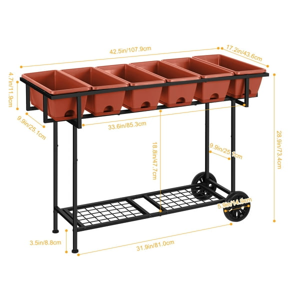 Raised Garden Bed, Garden Freestanding Elevated Planters 6 Container Boxes, Mobile Standing Elevated Planter Cart on Wheels, Vegetable Flower Planter Stand with Storage Rack