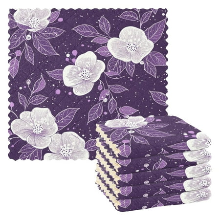 

6 Pack Kitchen Dish Towels 11 Inch x 11 Inch Reusable Cleaning Cloths for Washing Dishes Dish Cloths for Drying Dishes Purple and White Floral Pattern