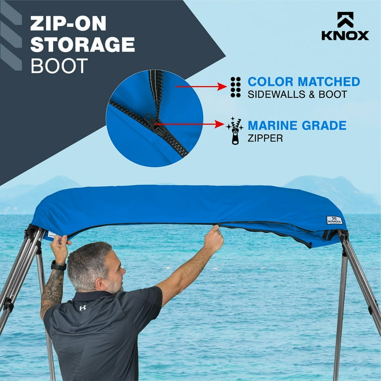 KNOX Universal 3 Bow Bimini Top Replacement Canvas & Detachable Sidewalls  with Storage Boot, 900D Marine Grade Sun Shade Boat Canopy with Solid Side  Blocks, No Frame, 54-60W, Pacific Blue 