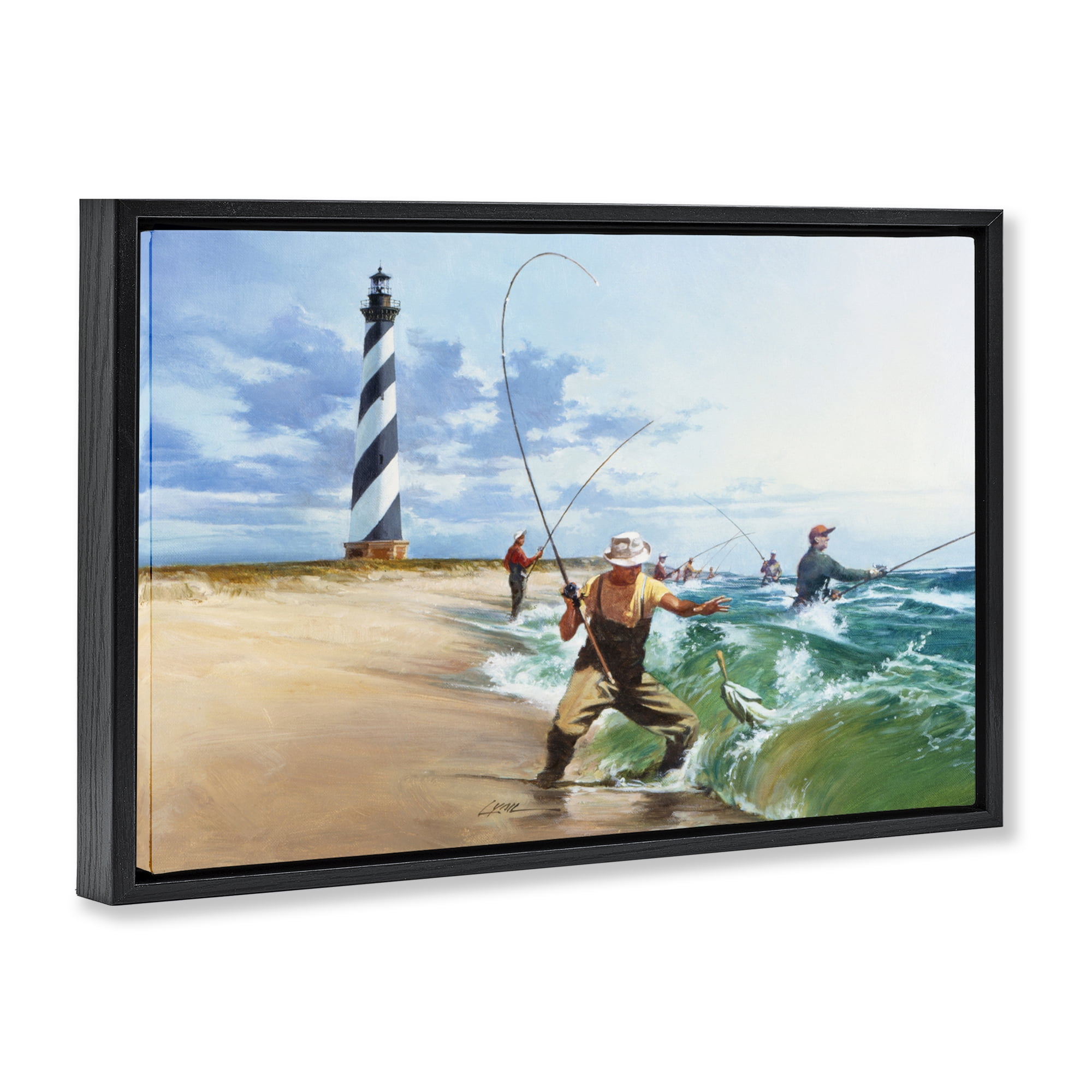 Cape Hatteras Fishermen Black Framed Floater Canvas Wall Art, design by Wind River Studios