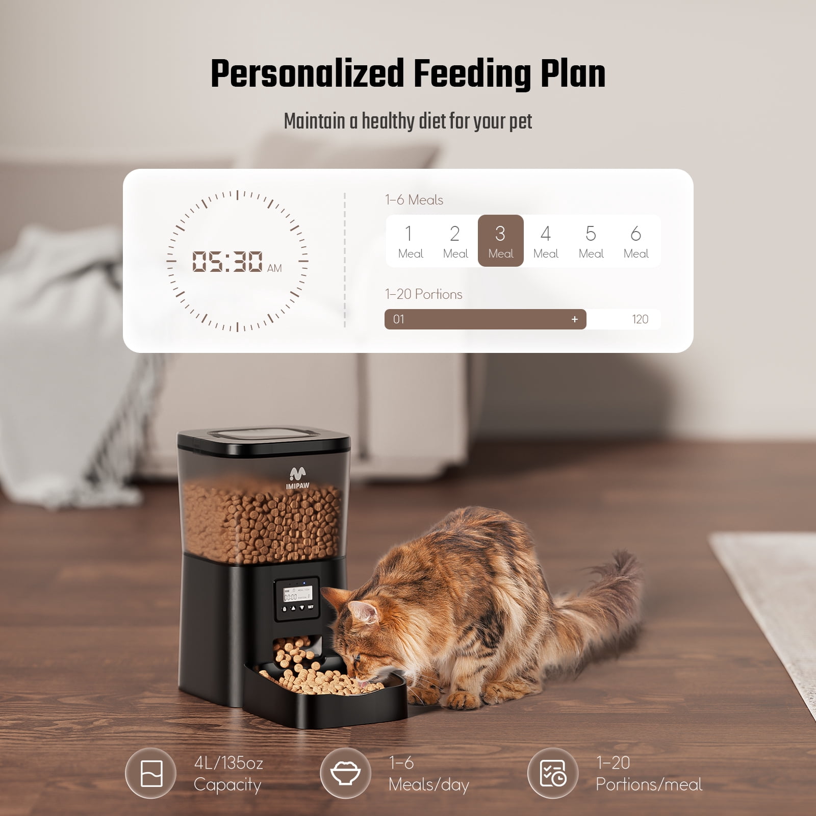 IMIPAW 3L Automatic Cat Feeder – Smart Pet Food Dispenser for Cats & Dogs with LCD Display, Programmable Timer, Dual Power Supply, 4 Meals/Day, 1–9 Portion Control, Easy to Clean, Fresh-Keeping Desi