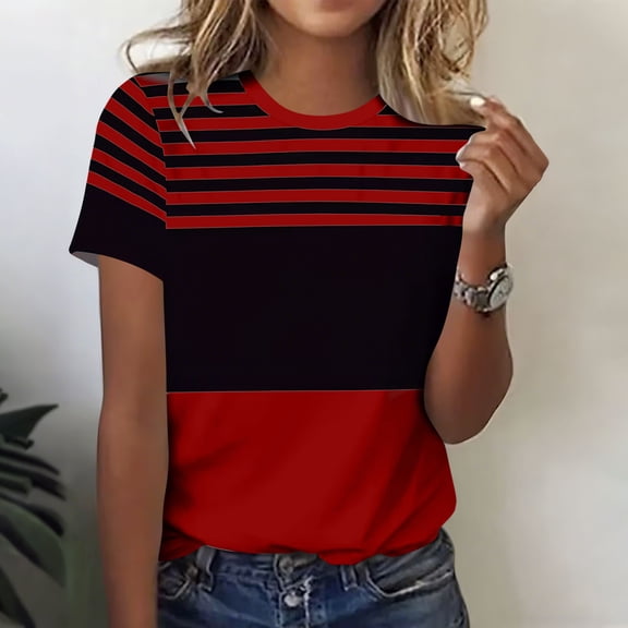 ITSAME Womens Blouses, Short Sleeve Crewneck Striped Print Summer Fashion Casual T-Shirts Red Size 2XL