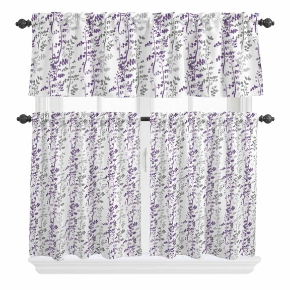 3 Piece Kitchen Curtains and Valances Set Purple Grey Botanical Cafe Curtains 36 Inch Length Spring Floral Summer Farmhouse Valance & Tier Curtain for Living Room Bedroom Window 54"x18" 27"x36"*2
