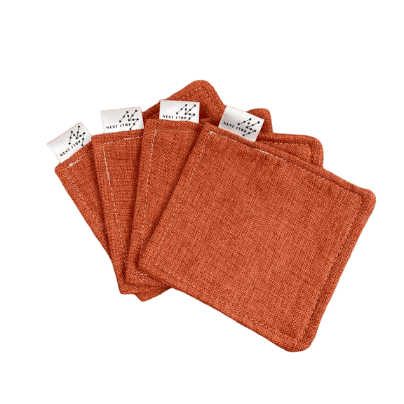 Fabric Drink Coasters, Washable Cloth Square Coasters, 4 Pack, 11cm x 11cm, Rust Brown