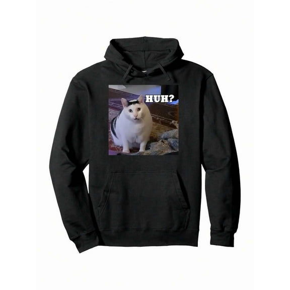 Men Funny Huh Meme Cat Hoodie Heavyweight Pullover Sweatshirt Soft Hooded Sweater For Casual Casual Attire Perfect Gift For Cat Lovers Black Machine Washable Cat Clothes Playful Design Digital Print