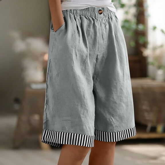 Cagogo Women Plus Size Bermuda Shorts Elastic Waist Casual Loose Pants with Pockets Solid Travel Lounge Shorts for Beach Summer Work, Gray 3XL
