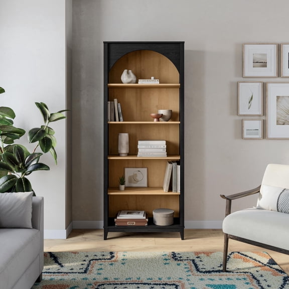 HDLNM Ark 78" Tall 5 Tier Arched Bookcase, Modern Storage Bookshelf with Adjustable Shelves, Black Oak with Oak Interior, for Living Room, Home Office