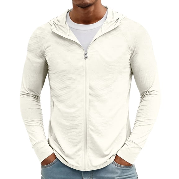 Hearthz Men's UPF50 Sun Protection Jacket Full Zip Sun Protection Quick Dry Long Sleeve Fishing Shirts for Swimming Workout Athletic Zip Pockets White M