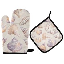 Yayeee Oven Mitts and Pot Holder Set of 2 Heat Resistant Kitchen Gloves Baking Hot Pad, Orange Watercolor Seashells