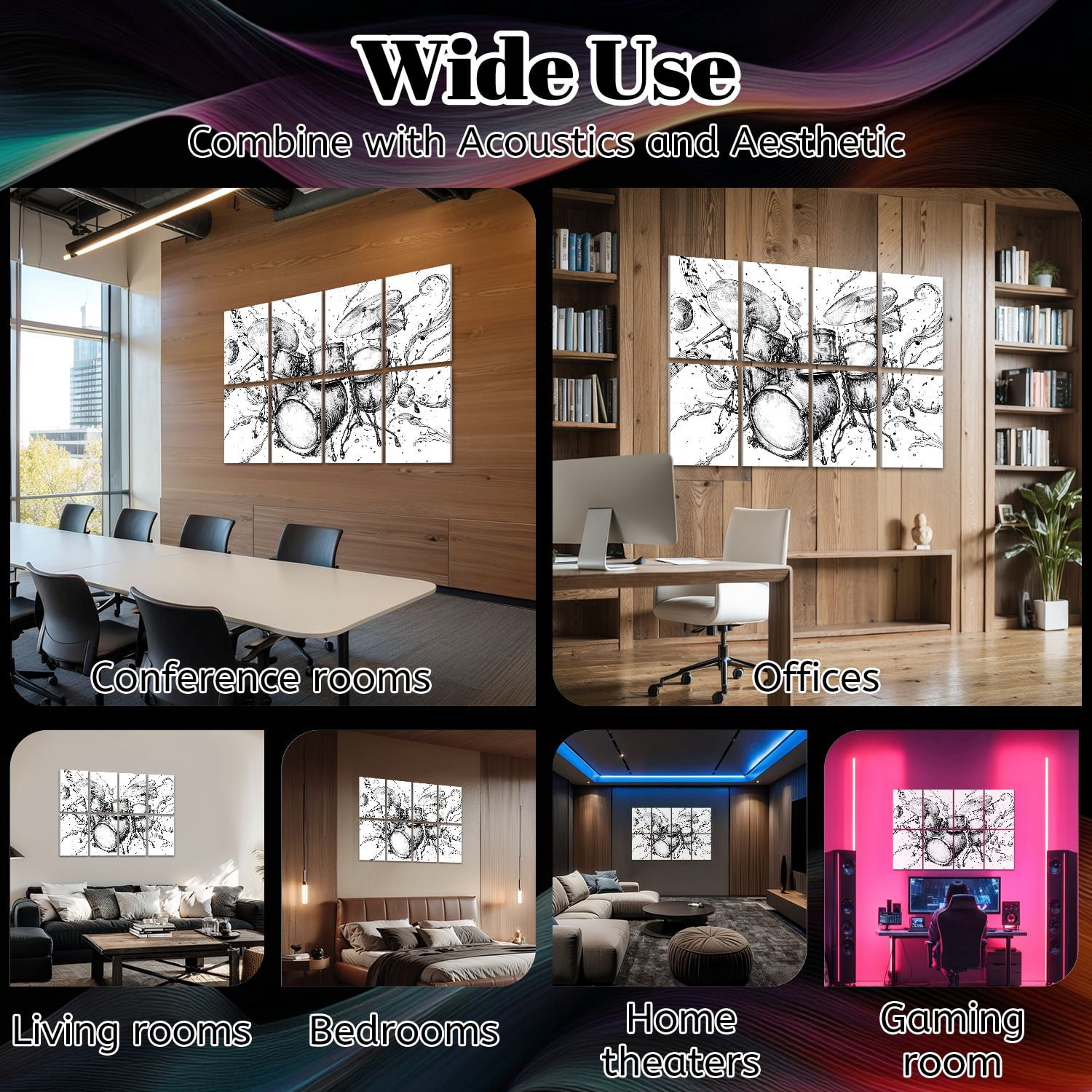 8 Pack Art Acoustic Panels Sound Absorbing Whimsical Drum Set Sketch Flowing Musical Notes Decorative Soundproof Wall Panels Self Adhesive for Nursery Game Room Bedroom 48"x32"