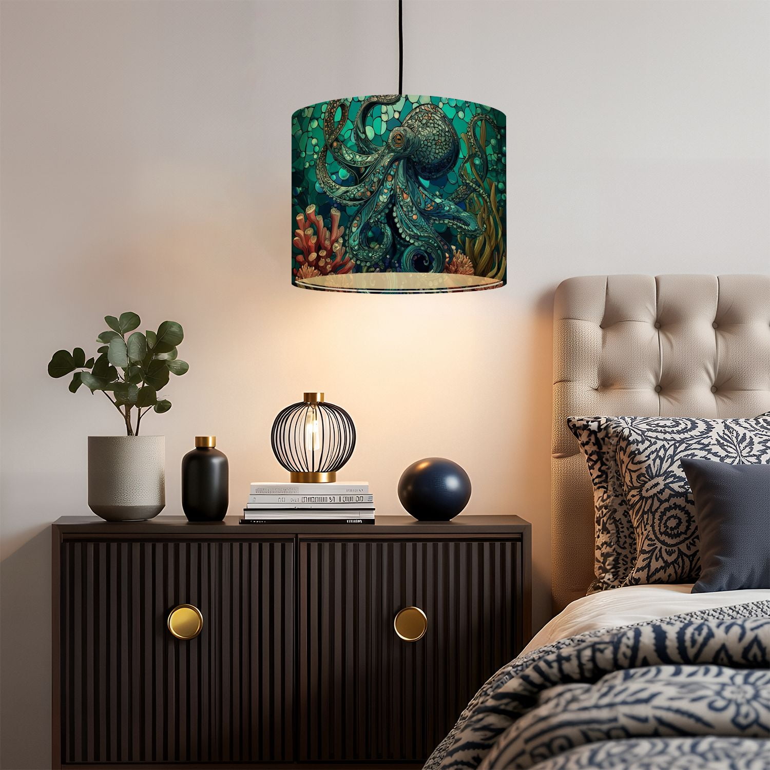 Linen Drum Lampshades Underwater Teal Octopus amidst Coral Reefs Art 13"x13"x10" Light Shade for Table Lamps Floor Lamps Drum Lamp Shades Lampshade Replacement Assembly Required