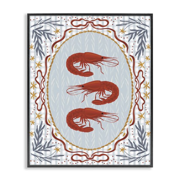 Stupell Industries Farmhouse Three Red Prawns on Gingham Black Framed Giclee Art, 11 x 14, by Vero Illustrates