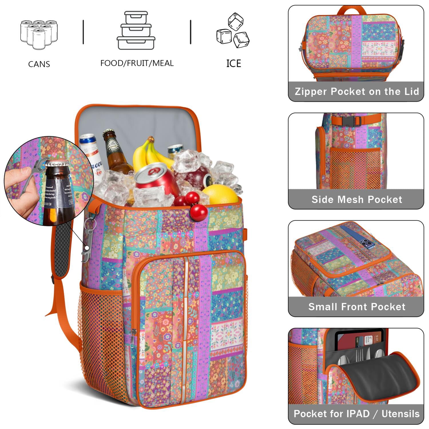 Travel Cooler Bag - Boho Bohemia Flower Camping Beer Cooler Backpack with Bottle Opener- Waterproof Insulated Picnic Backpacks - Cooler Bag for Beach