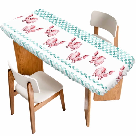 Green Plaid Farmhouse Table Cloths for 8 Foot Rectangle Tables, Watercolor Cute Country Pigs Checkered Patio Waterproof Elastic Fitted Tablecloths, Washable Rectangular Table Cover for Camping