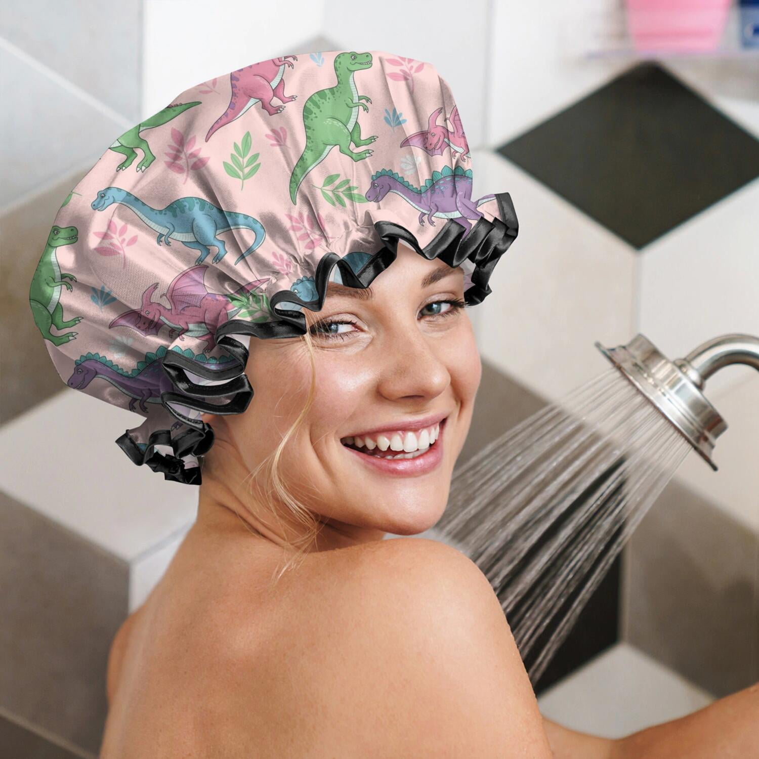 Shower Caps,Pink Cartoon Dinosaurs Leaves Pattern Waterproof Shower Cap for Women 4 Pieces,Double Reusable Hair Cover for Shower PEVA Elastic Stretch Hem