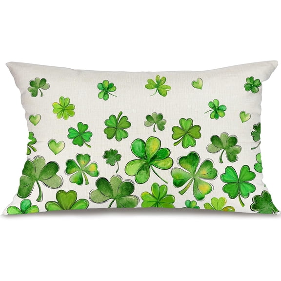 St.Patrick''s Day Pillow Cover 12x20 Inch - Shamrock & Clover Decor, Farmhouse Holiday Green Themed Pillow Case Gift for Home Sofa Couch