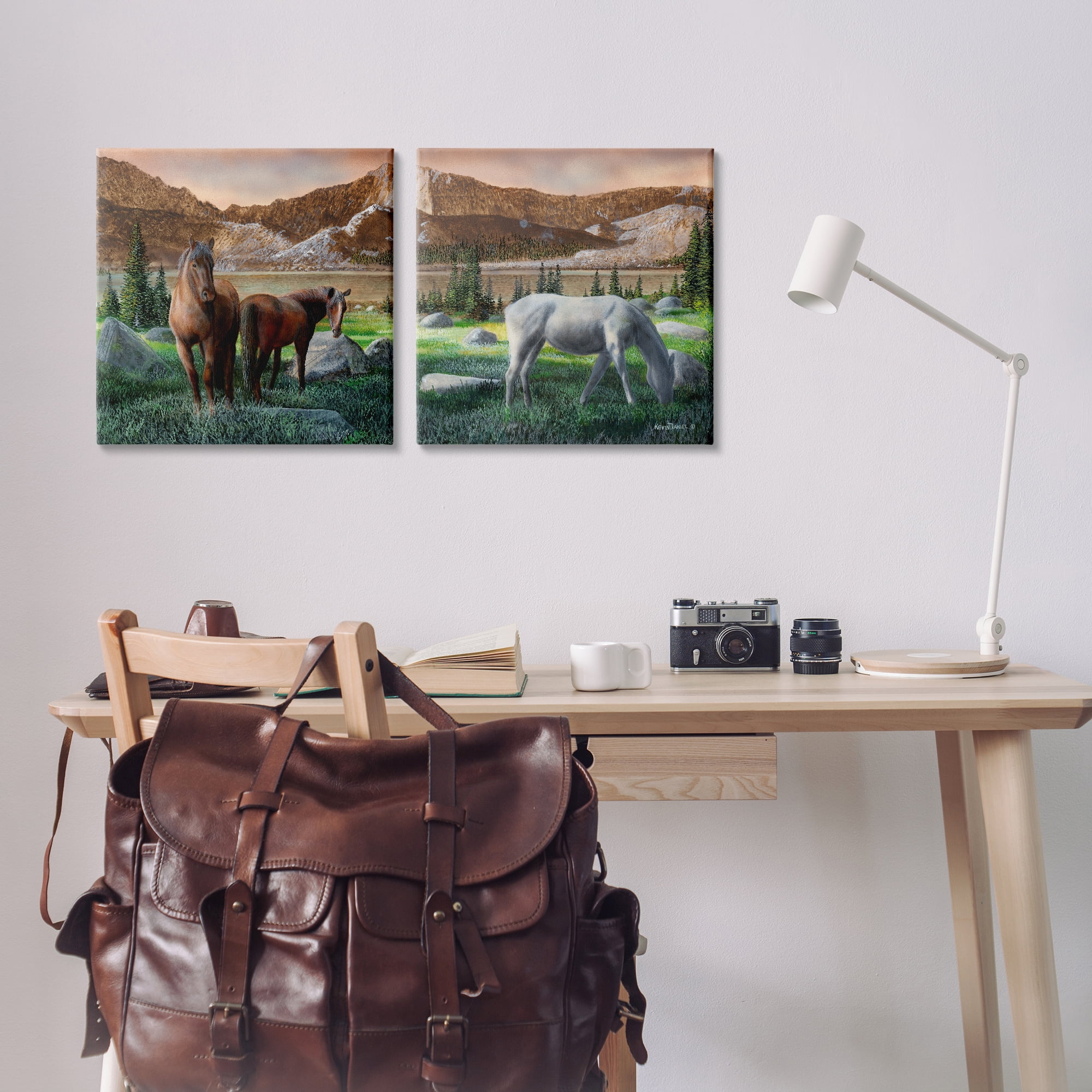 Stupell Industries Country Valley Horses Grazing Animals Painting Wrapped Canvas Art Print Wall Art, 17 x 17, Set of 2