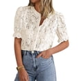 thumbnail image 1 of Blusa PRETTYGARDEN de encaje para mujer, manga corta, color beige, talla L, 1 of 6
