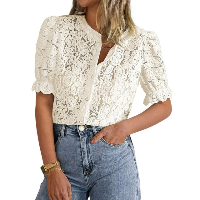Blusa PRETTYGARDEN de encaje para mujer, manga corta, color beige, talla L