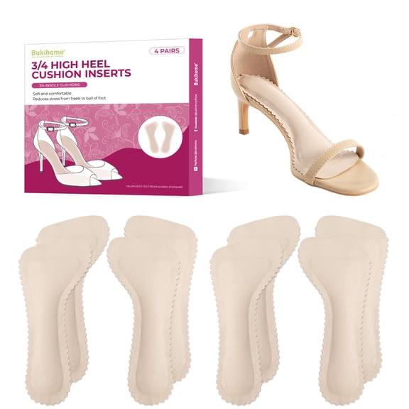 Bukihome High Heel Cushion Inserts for Women - (4 Pairs) 3/4 Invisible Insoles Prevent Feet from Sliding Forward - Shock & Sweat Absorption - Comfort Shoe Pads for High Heels Sandals Flats,Size S