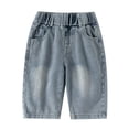 thumbnail image 5 of Krdevn Boys Retro Washed Denim Shorts, Casual Elastic Waist Loose Fit Summer Cargo Jeans,Blue,8-10 Years, 5 of 7