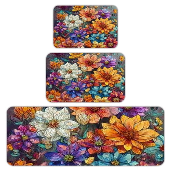 RKSupls Kitchen Rug Set 3 Piece Anti-Slip Flannel Floor Mats, Colorful Flowers Washable Absorbent Runner Mats for Kitchen Bathroom Home Decor