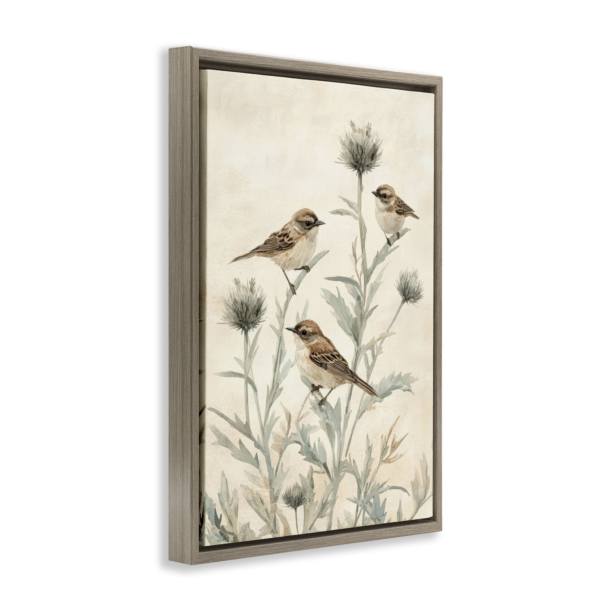 Stupell Industries Sparrows on Thistle Stems Brown Framed Floater Canvas Wall Art, design by Petal Prints Design