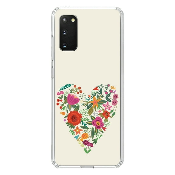 DistinctInk Clear Shockproof Hybrid Case for Galaxy S20 ULTRA / 5G (6.9" Screen) - TPU Bumper, Acrylic Back, Tempered Glass Screen Protector - Spring Collection - Floral Heart Green Red